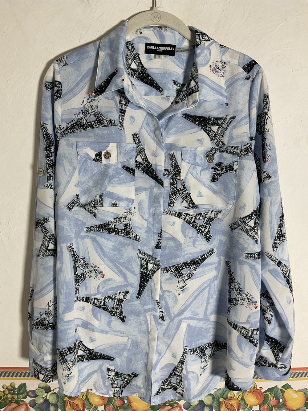 Karl Lagerfeld Paris Whimsical Eiffel Tower Roll-Tab Blouse Size S Blue - Picture 1 of 8